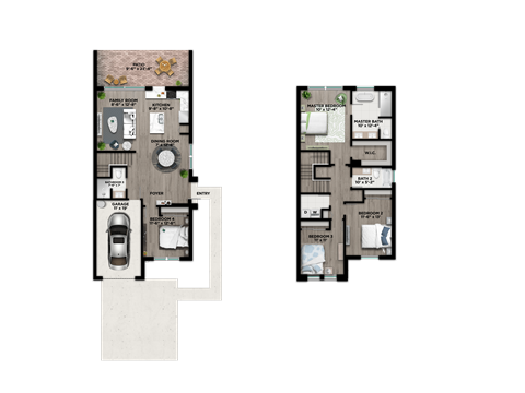 Two floor plans of a house with a garage and a living room.